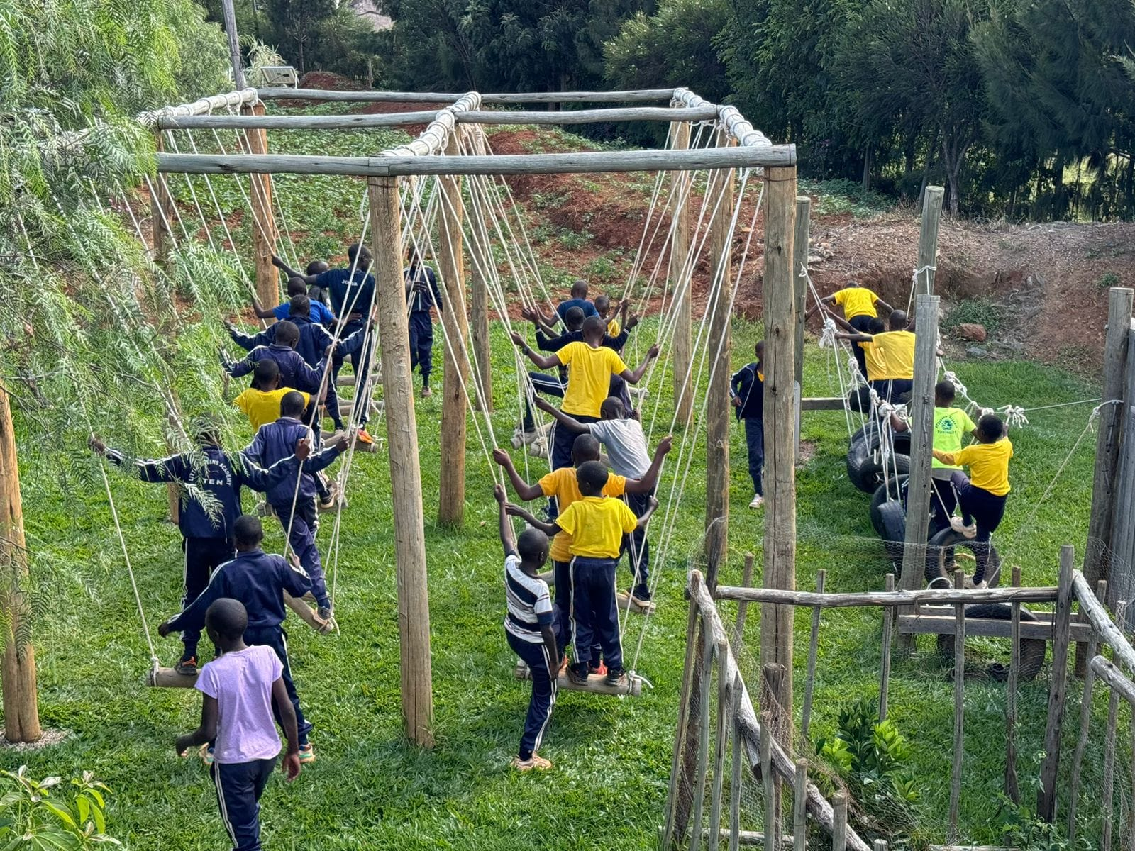Children enjoying playground swings and climbing